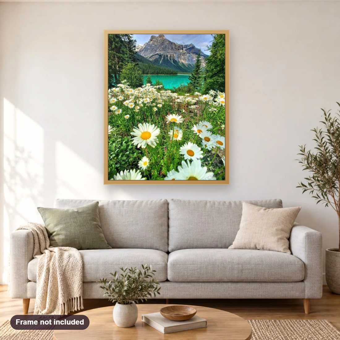 White Daisies & Mountain View diamond painting shown framed on a living room wall above a sofa