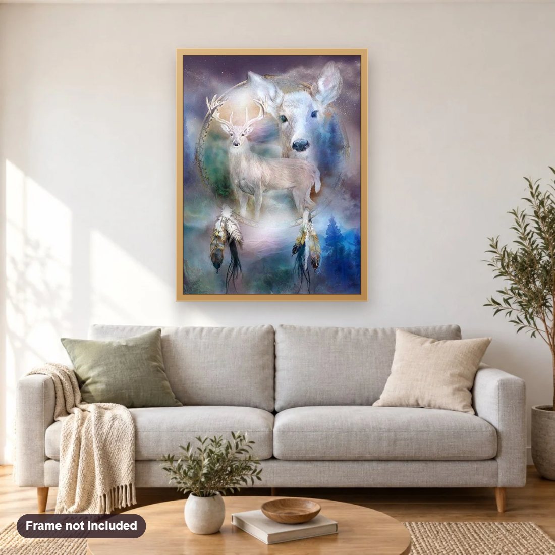 White Deer Dream Catcher diamond painting shown framed on a living room wall above a sofa