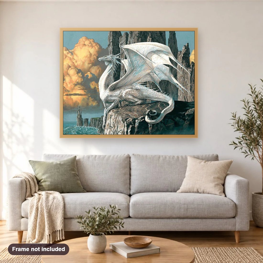 White Dragon diamond painting shown framed on a living room wall above a sofa