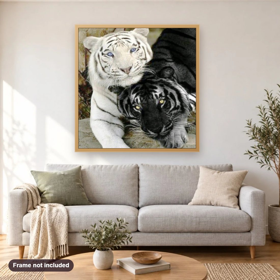 White & Black Tigers diamond painting shown framed on a living room wall above a sofa