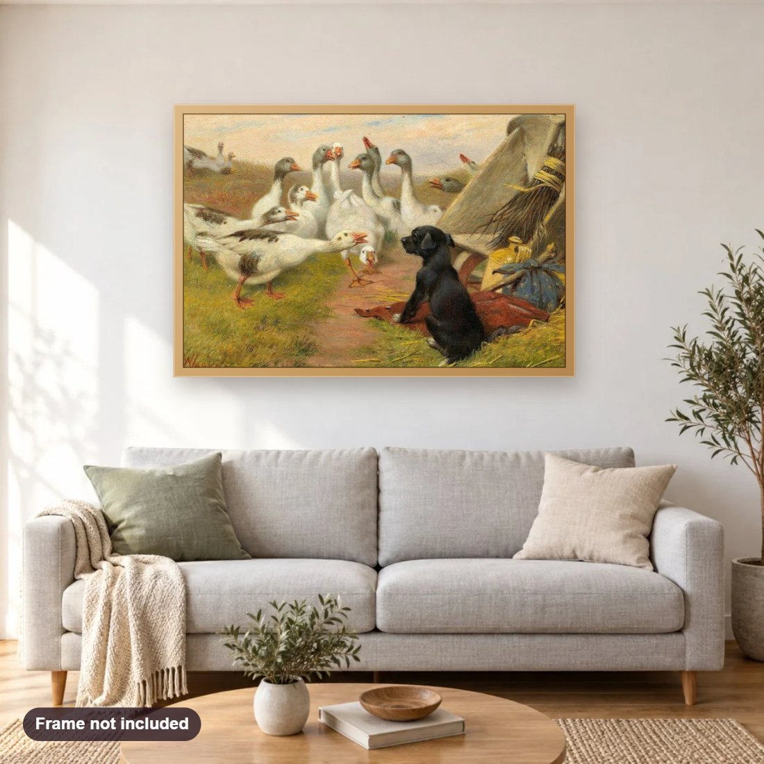 White Geese & Black Dog diamond painting shown framed on a living room wall above a sofa