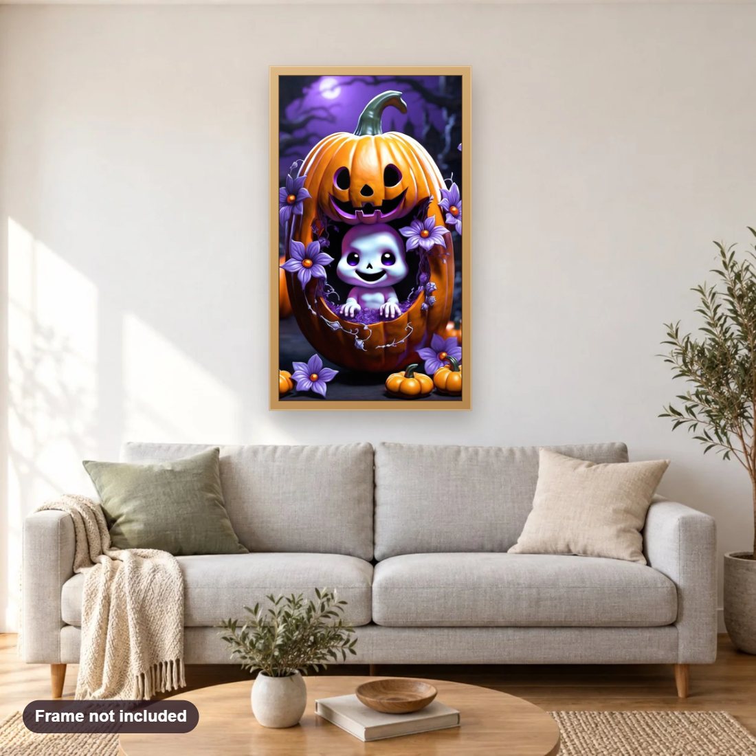 White Ghost in Halloween Pumpkins diamond painting shown framed on a living room wall above a sofa