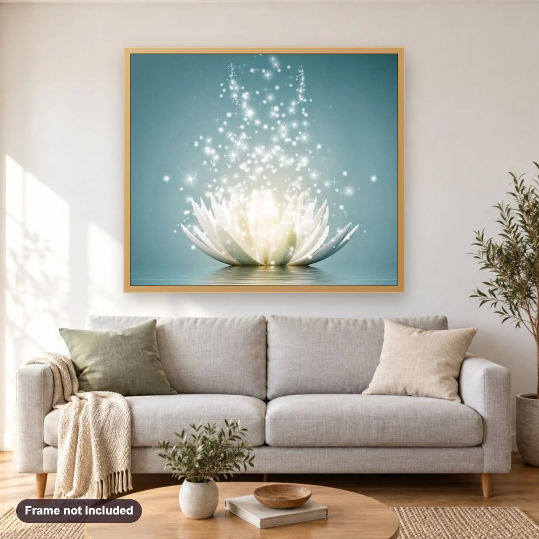 White Lotus Art diamond painting shown framed on a living room wall above a sofa
