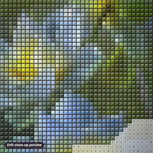 Close-up preview of the White Lotus Flowers diamond painting with square 5D drills and printed canvas symbols