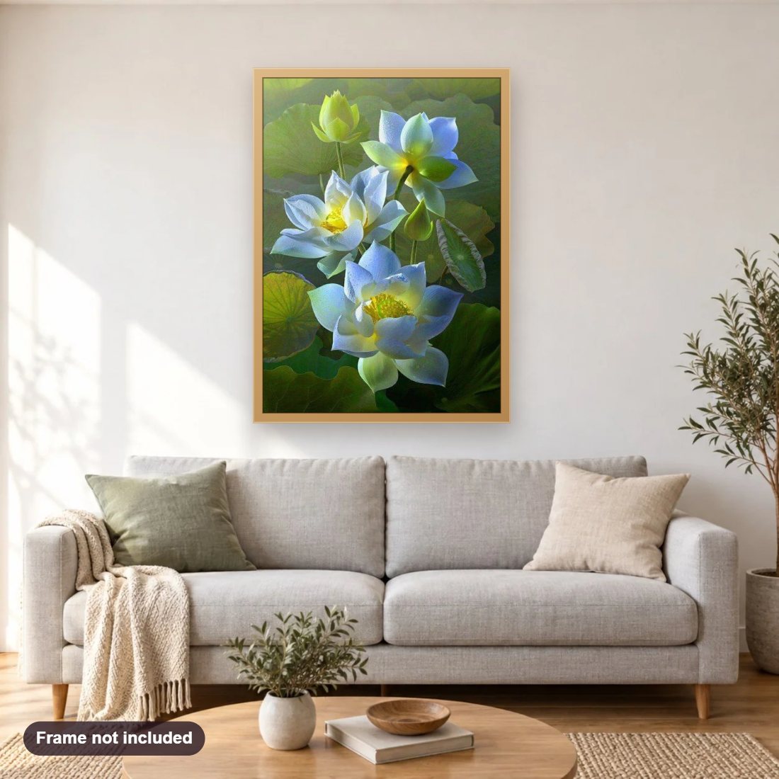 White Lotus Flowers diamond painting shown framed on a living room wall above a sofa