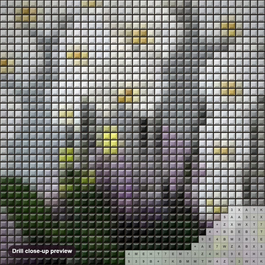 Close-up preview of the White Orchids diamond painting with square 5D drills and printed canvas symbols