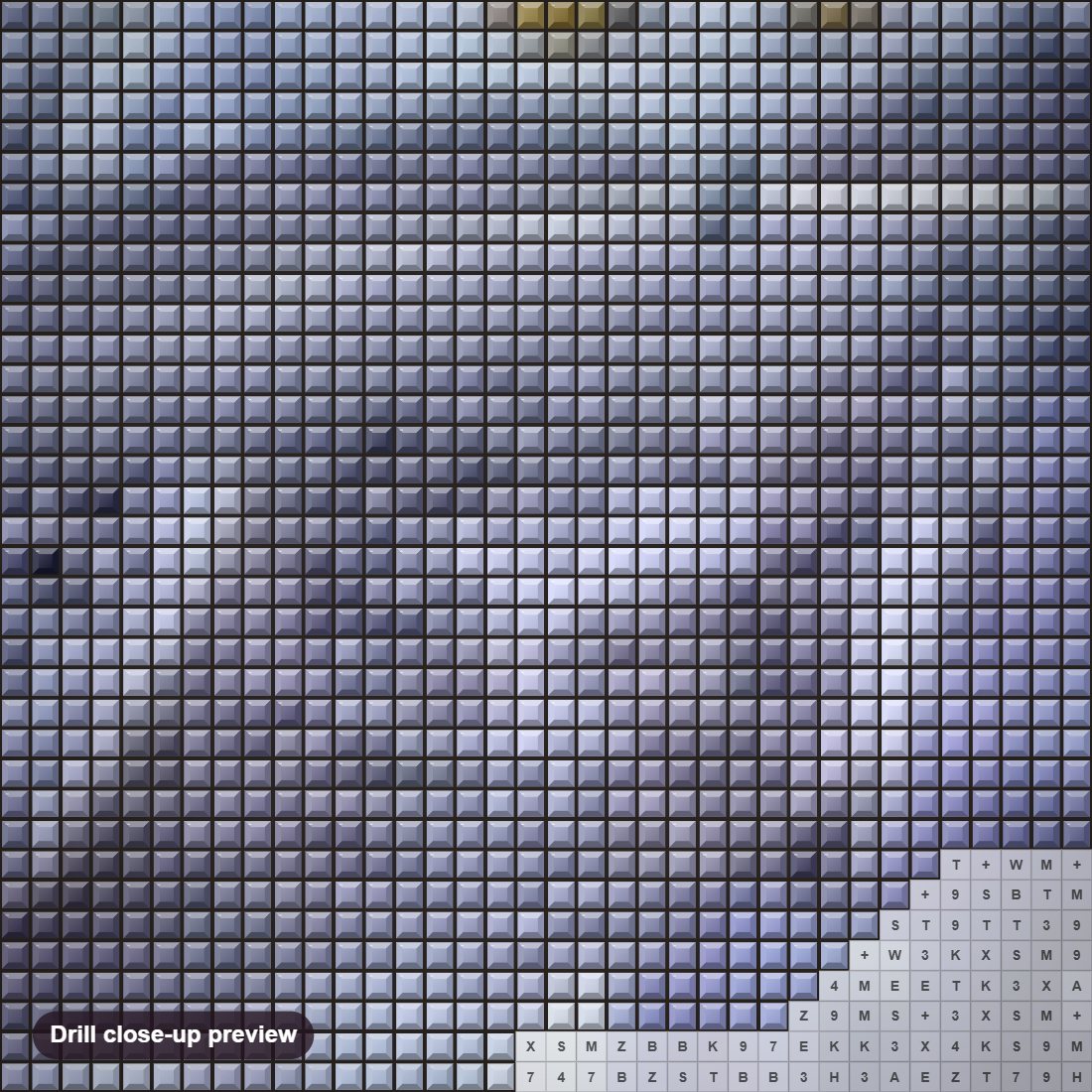 Close-up preview of the White Owl diamond painting with square 5D drills and printed canvas symbols