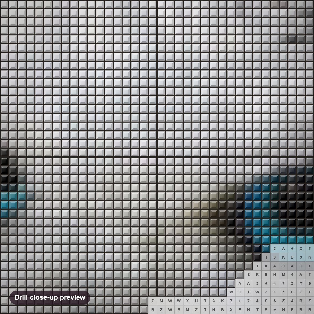 Close-up preview of the White Owl with Blue Eyes diamond painting with square 5D drills and printed canvas symbols
