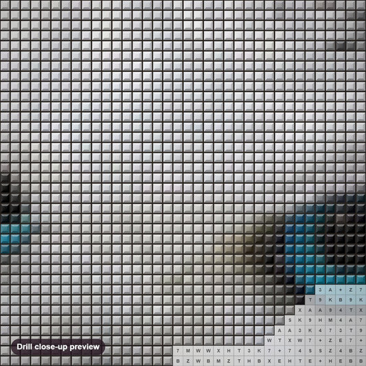 Close-up preview of the White Owl with Blue Eyes diamond painting with square 5D drills and printed canvas symbols