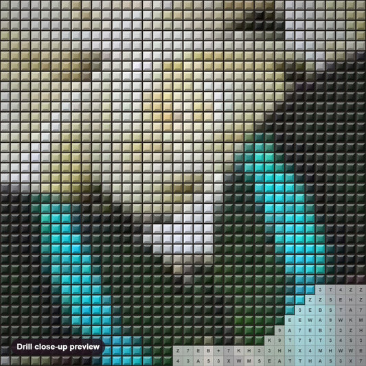 Close-up preview of the White Roses & Butterfly diamond painting with square 5D drills and printed canvas symbols