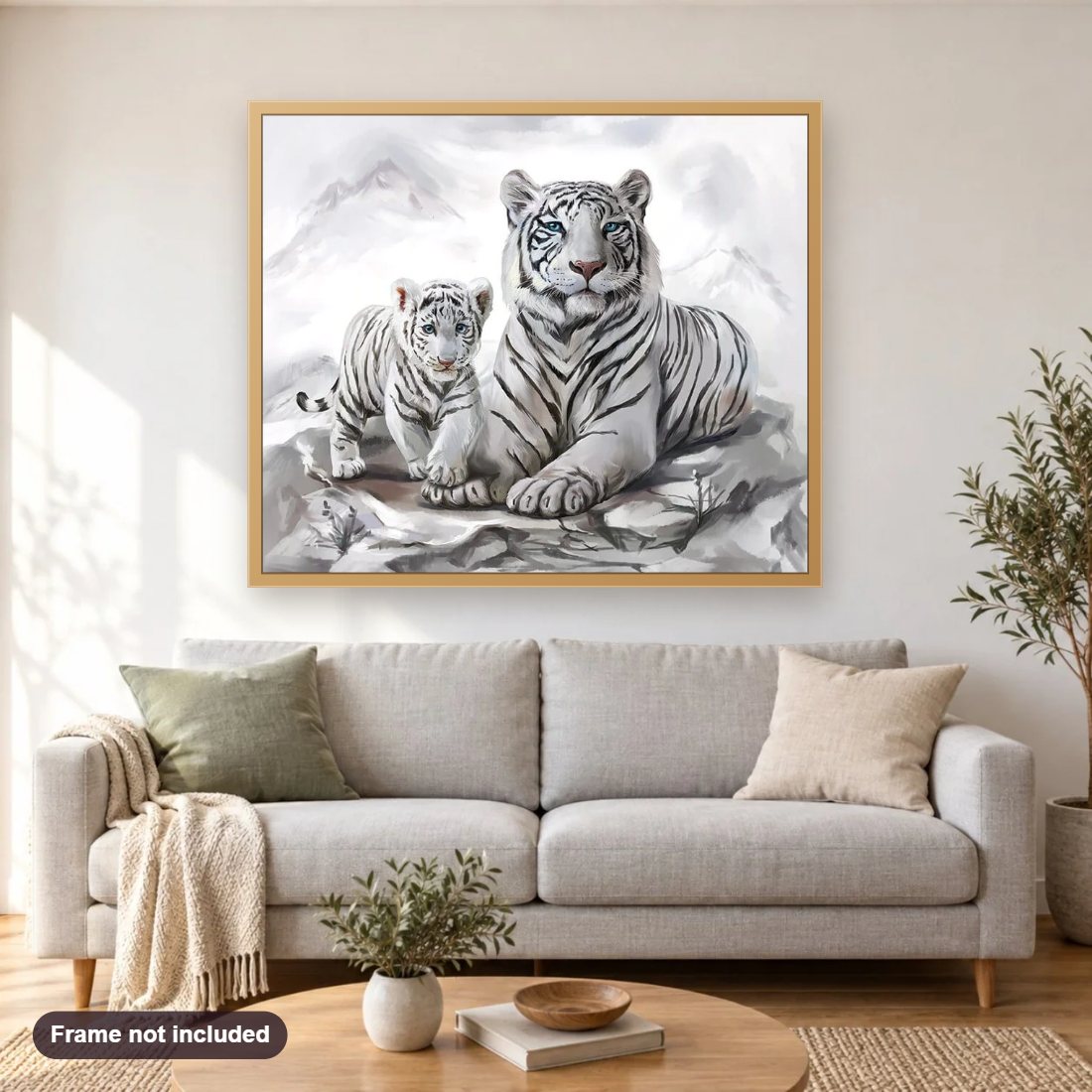 White Tiger & Cub diamond painting shown framed on a living room wall above a sofa
