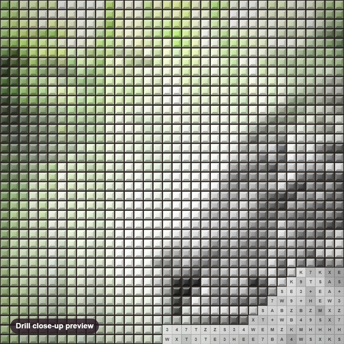 Close-up preview of the White Tiger & Green Forest diamond painting with square 5D drills and printed canvas symbols