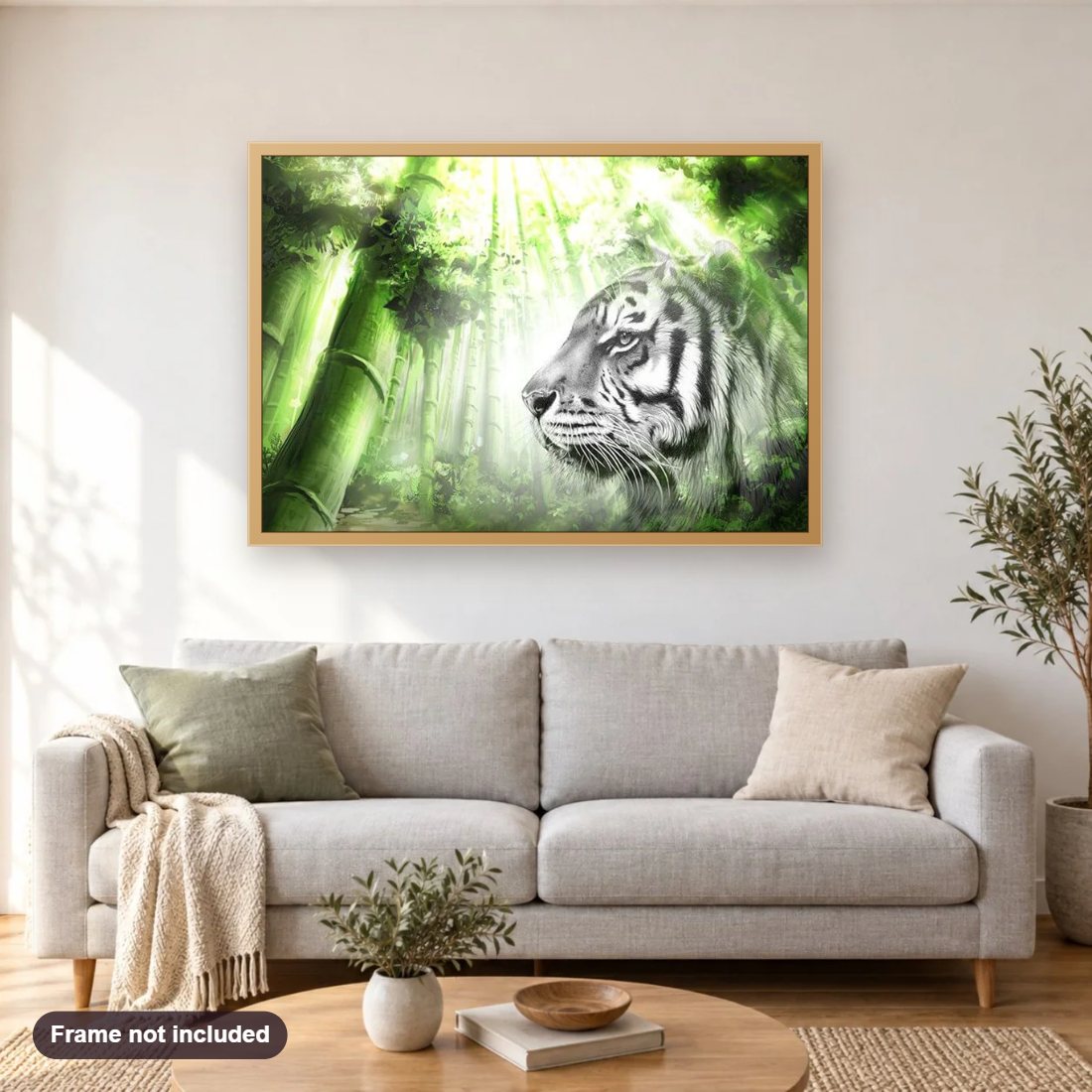 White Tiger & Green Forest diamond painting shown framed on a living room wall above a sofa