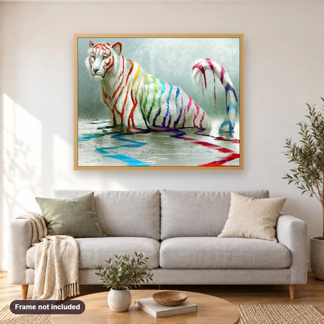 White Tiger in Colorful Paints diamond painting shown framed on a living room wall above a sofa