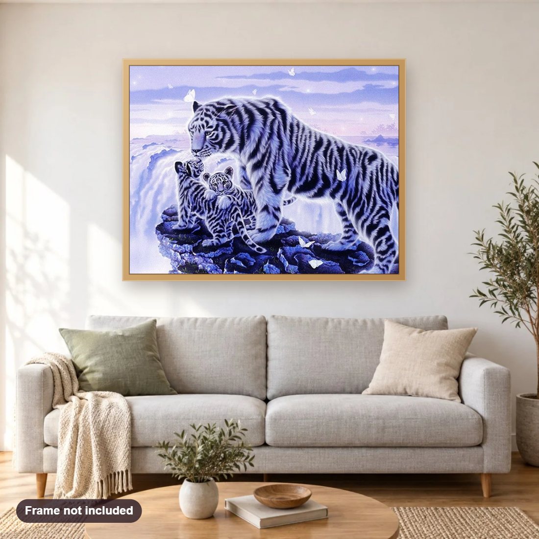 White Tigers diamond painting shown framed on a living room wall above a sofa
