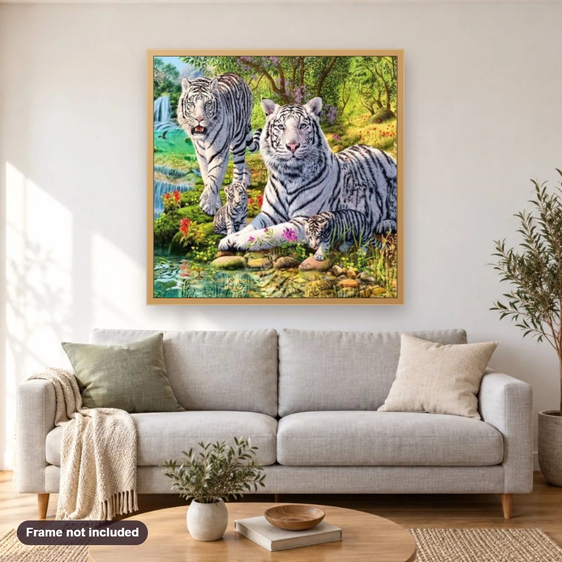 White Tigers & Their Cubs diamond painting shown framed on a living room wall above a sofa