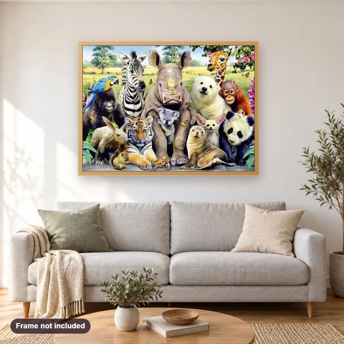 Wild Animals diamond painting shown framed on a living room wall above a sofa