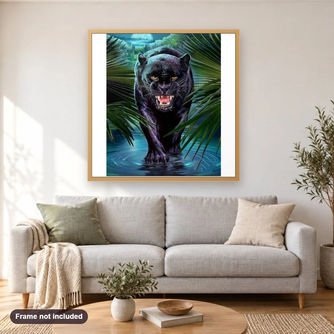 Wild Black Panther diamond painting shown framed on a living room wall above a sofa