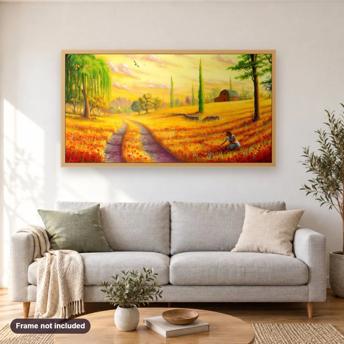 Wild Flower Bliss diamond painting shown framed on a living room wall above a sofa