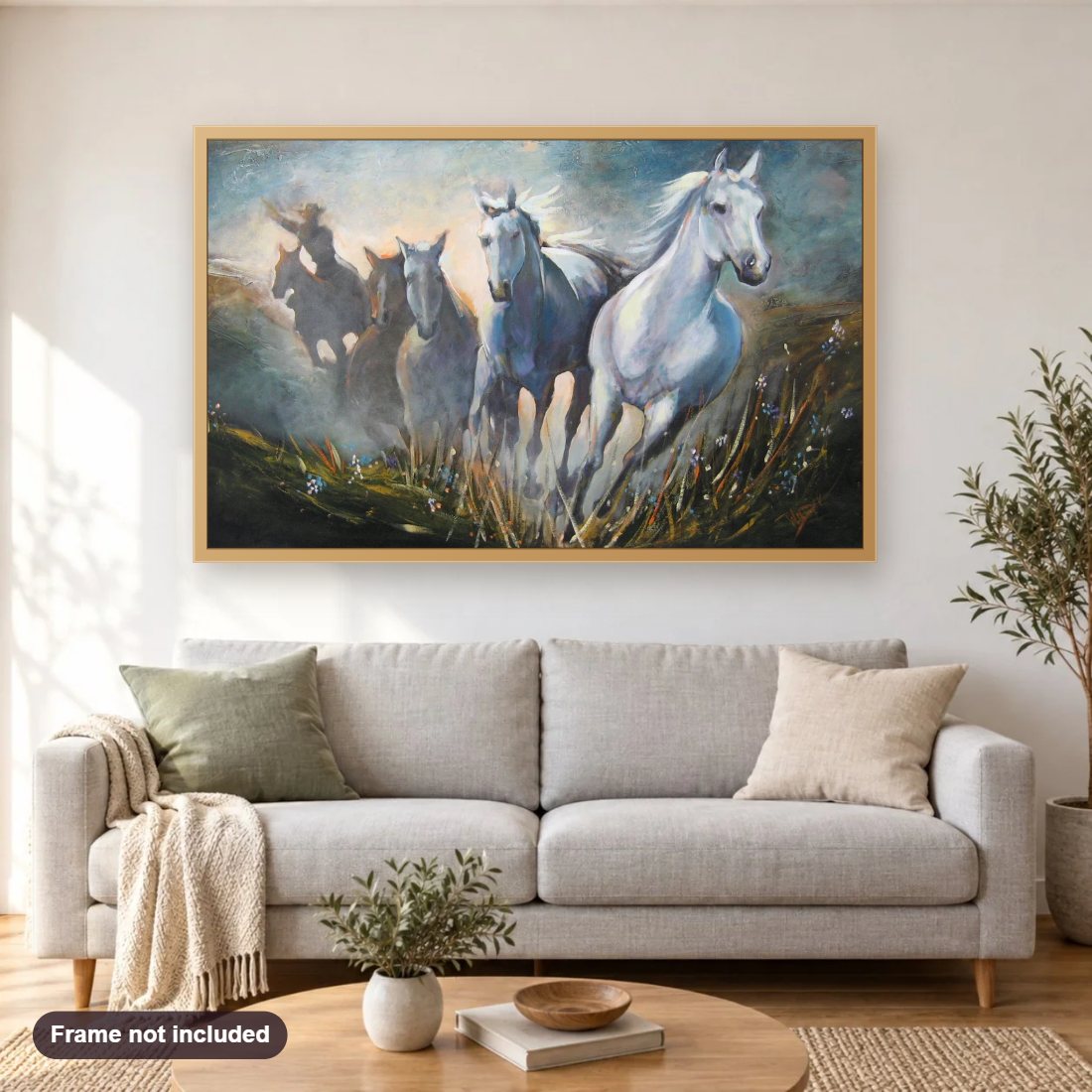 Wild Flower Run diamond painting shown framed on a living room wall above a sofa