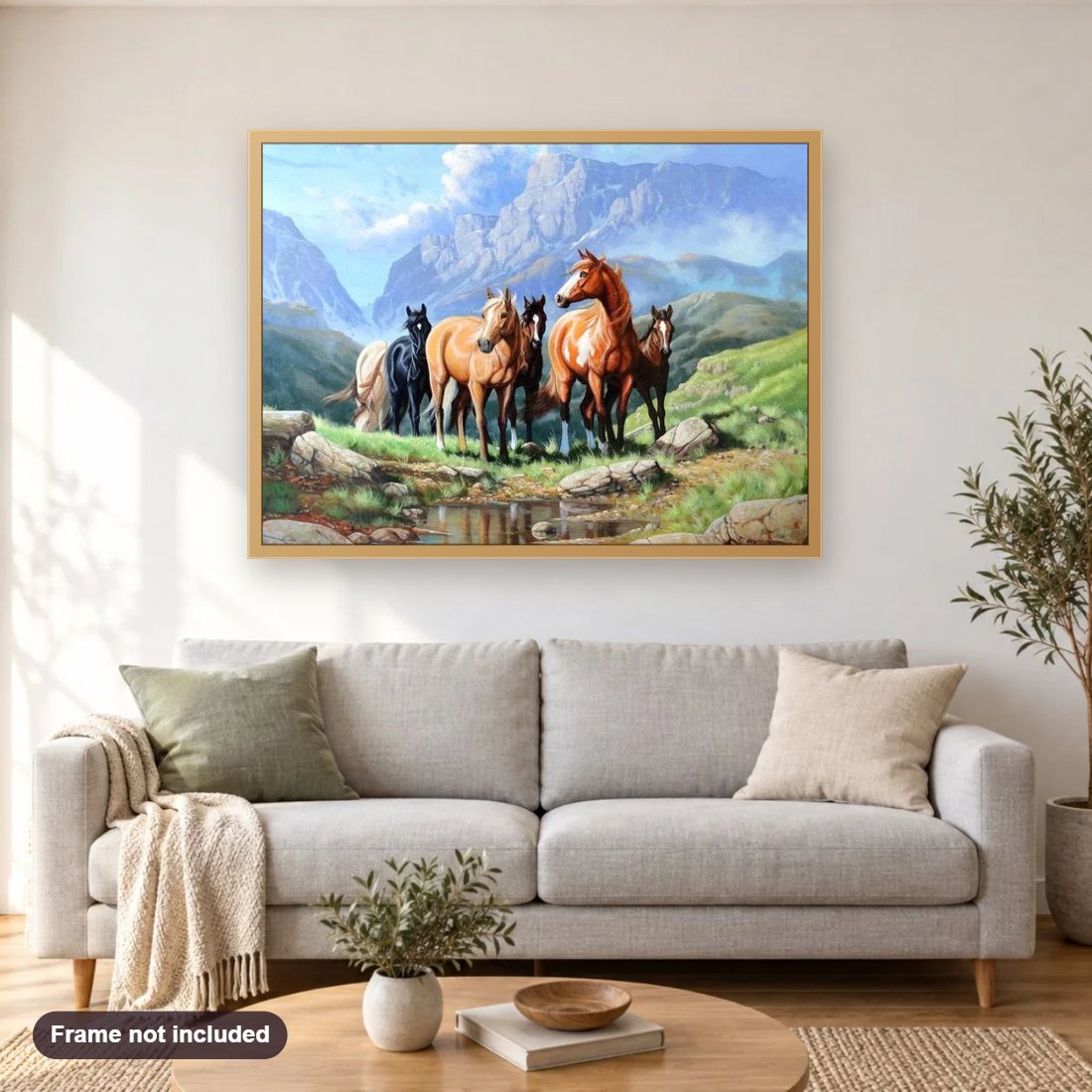 Wild Horses diamond painting shown framed on a living room wall above a sofa