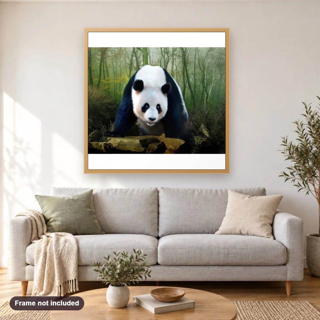Wild Panda diamond painting shown framed on a living room wall above a sofa