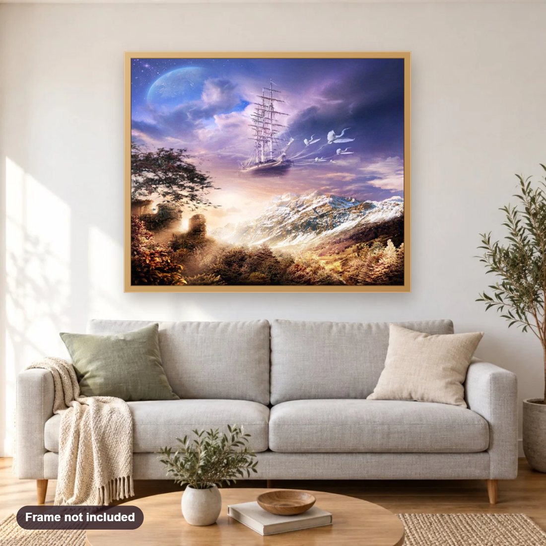 Windjammer Abstract Art diamond painting shown framed on a living room wall above a sofa