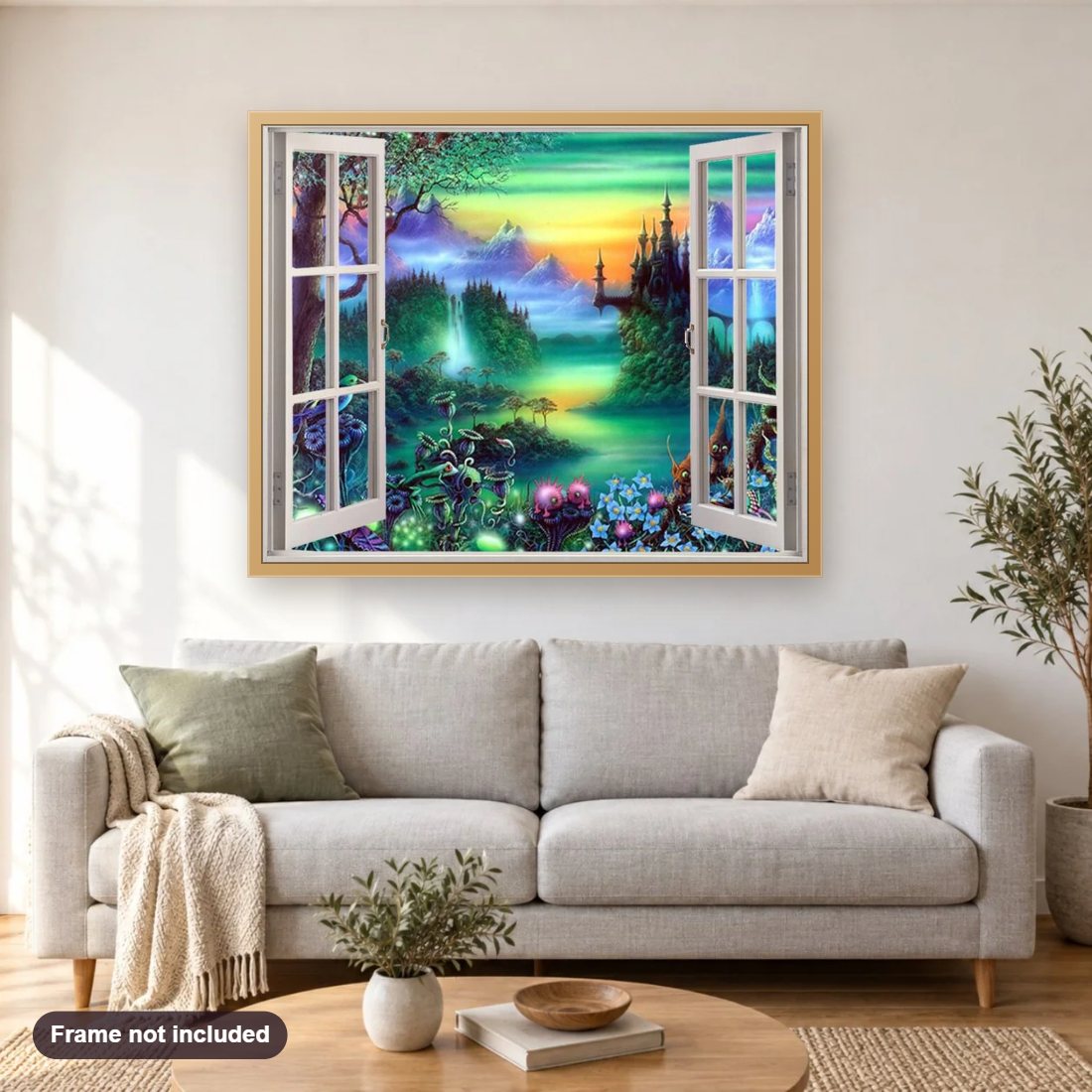 Window to Fantasy Land diamond painting shown framed on a living room wall above a sofa