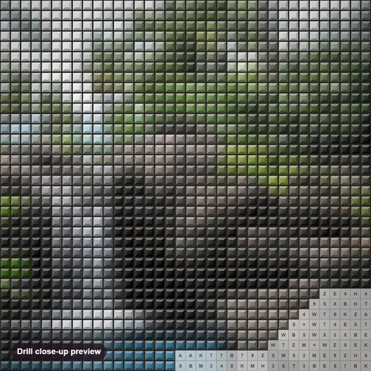 Close-up preview of the Window to the amazing Waterfall diamond painting with square 5D drills and printed canvas symbols