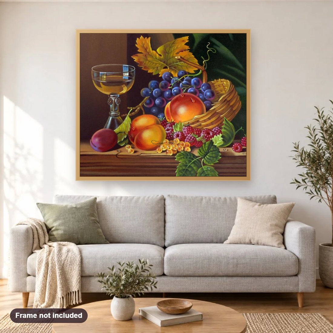 Wine Glass & Fruits Still Life diamond painting shown framed on a living room wall above a sofa