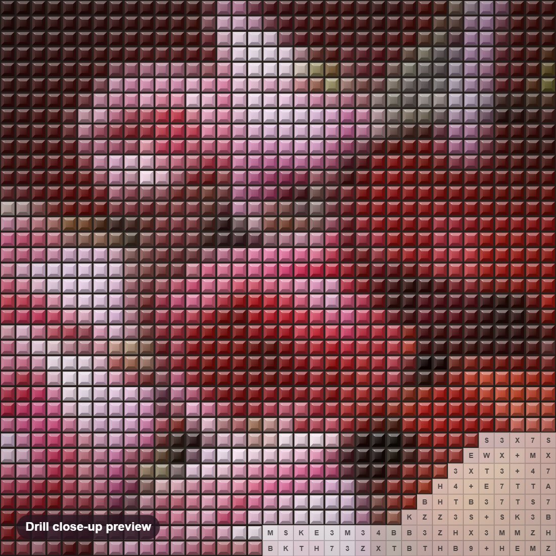 Close-up preview of the Wine & Roses diamond painting with square 5D drills and printed canvas symbols