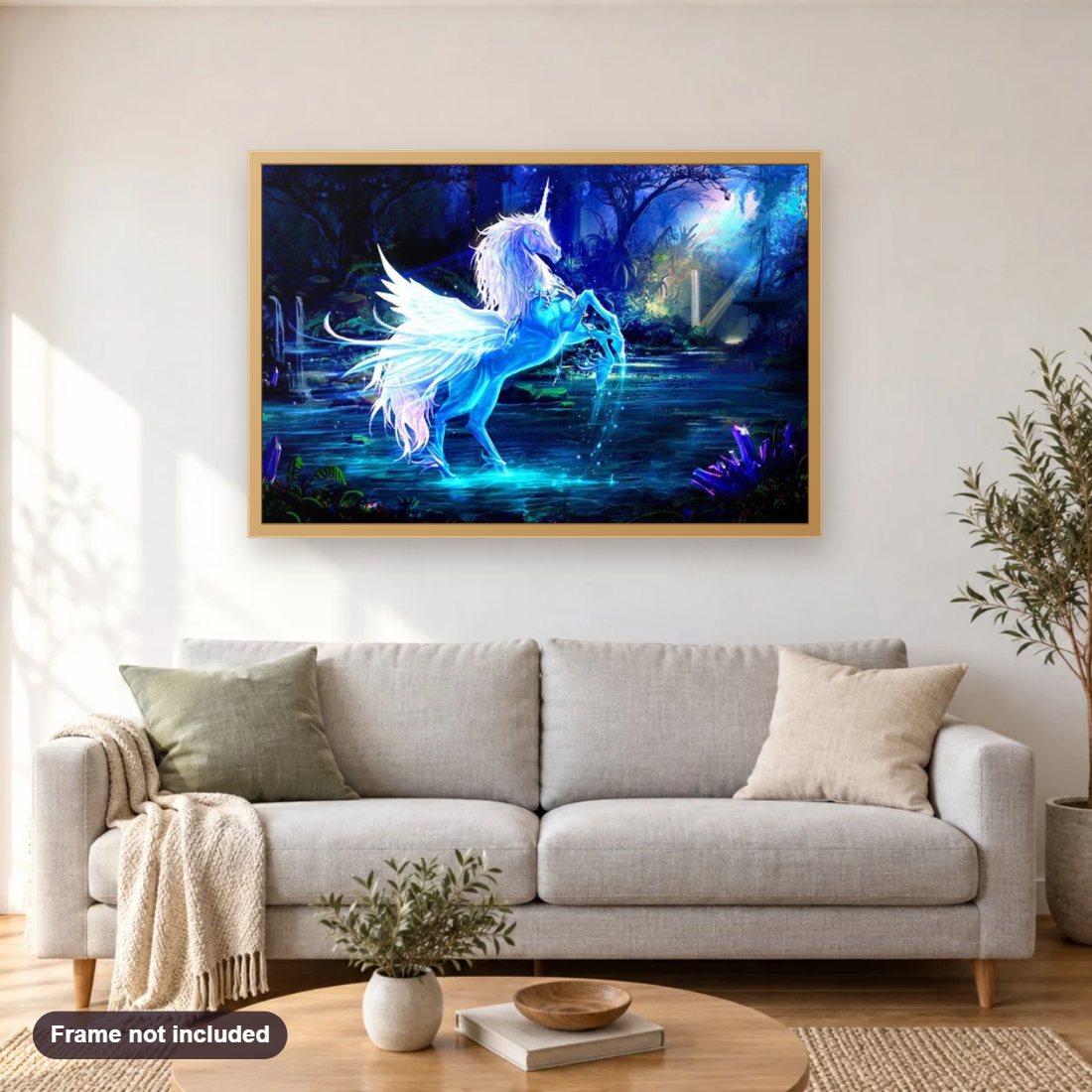 Winged Unicorn Fantasy diamond painting shown framed on a living room wall above a sofa