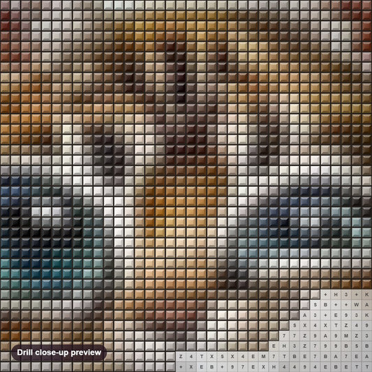 Close-up preview of the Winking Cat diamond painting with square 5D drills and printed canvas symbols