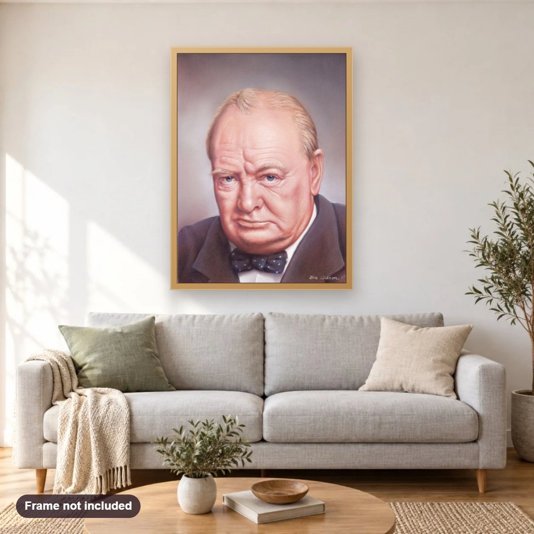 Winston Leonard Spencer Churchill diamond painting shown framed on a living room wall above a sofa