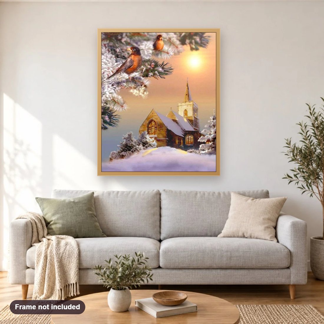 Winter evening & Birds diamond painting shown framed on a living room wall above a sofa