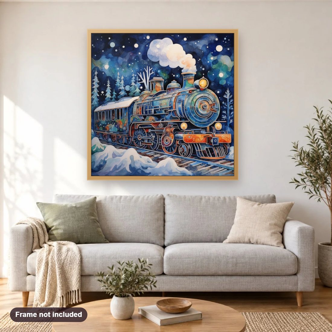 Winter Ride diamond painting shown framed on a living room wall above a sofa