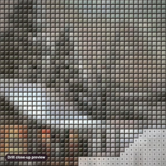 Close-up preview of the Winter Scene diamond painting with square 5D drills and printed canvas symbols