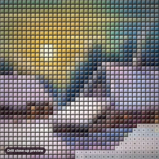 Close-up preview of the Winter Sunset Landscape diamond painting with square 5D drills and printed canvas symbols
