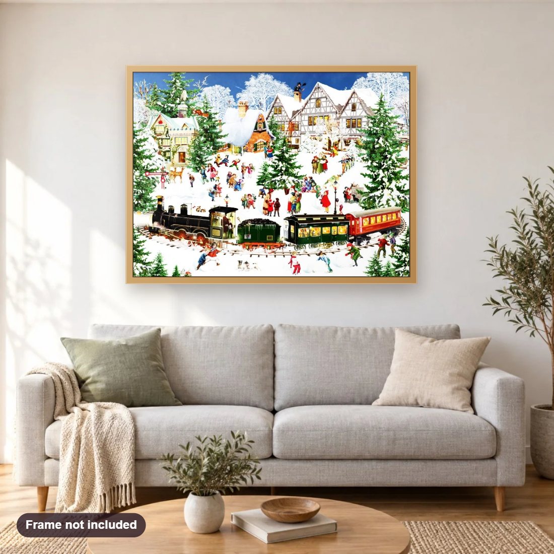 Winter Train diamond painting shown framed on a living room wall above a sofa
