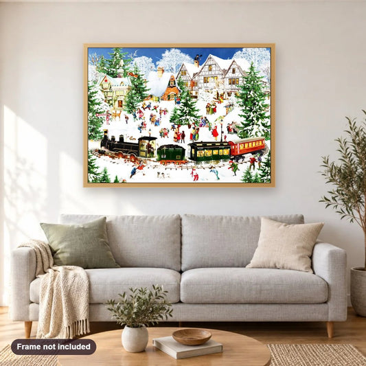 Winter Train diamond painting shown framed on a living room wall above a sofa