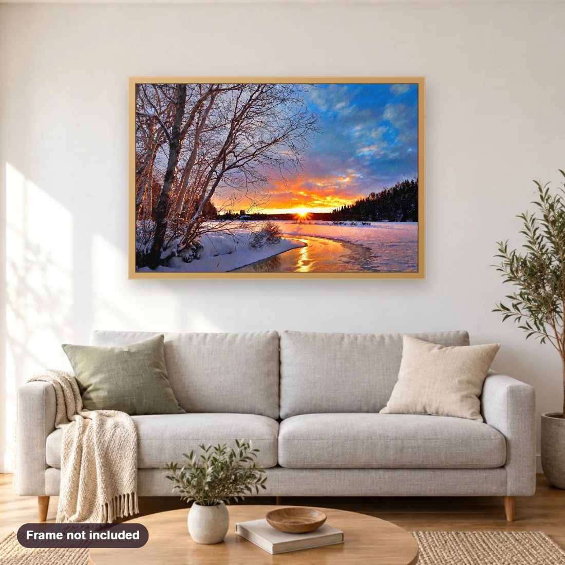 Winter Twilight diamond painting shown framed on a living room wall above a sofa