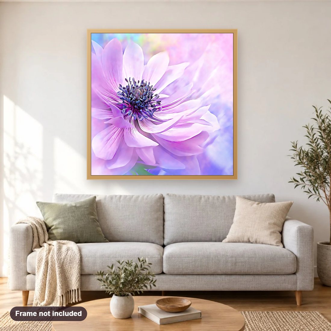 Wispy Purple Anemone diamond painting shown framed on a living room wall above a sofa