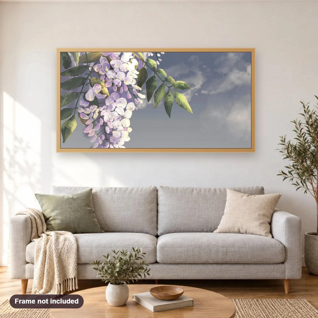Wisteria diamond painting shown framed on a living room wall above a sofa