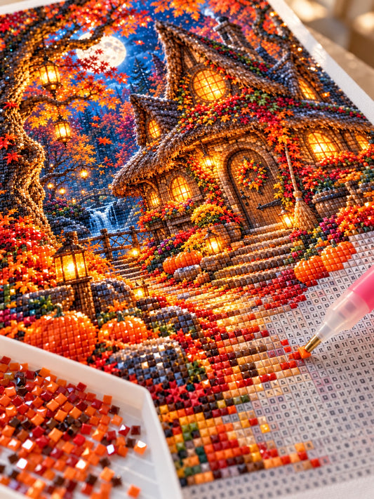 Close-up of the witch's cottage in an enchanted autumn forest diamond painting in progress, square resin drills, wax pen and drill tray