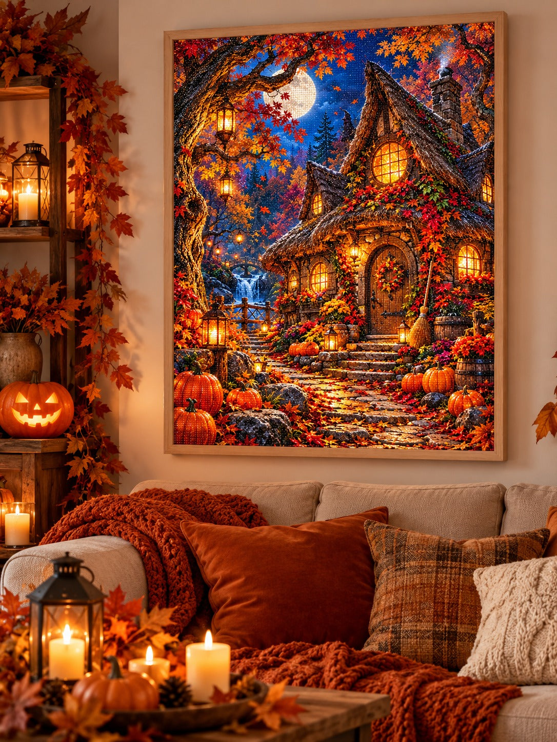 Finished witch's cottage in an enchanted autumn forest diamond painting in a light oak frame hanging in a cozy living room decorated for autumn and Halloween