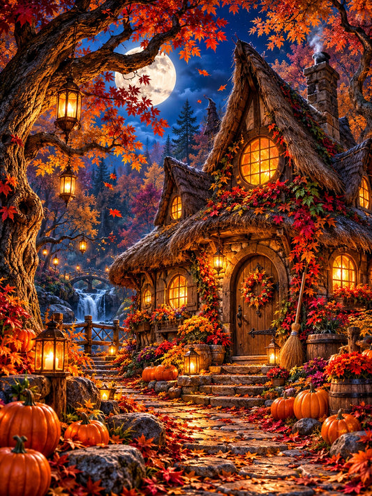 Witch's cottage in an enchanted autumn forest, Halloween diamond painting kit by All Diamond Painting
