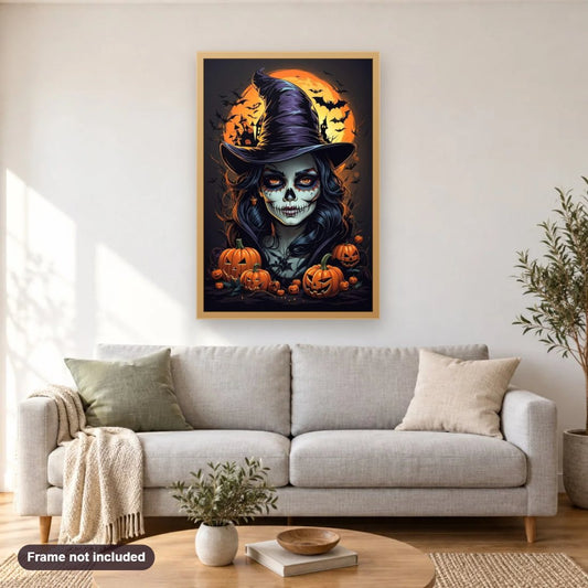 Witch's Pumpkin Night diamond painting shown framed on a living room wall above a sofa