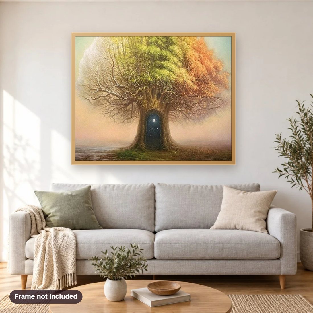 Wizard Tree diamond painting shown framed on a living room wall above a sofa
