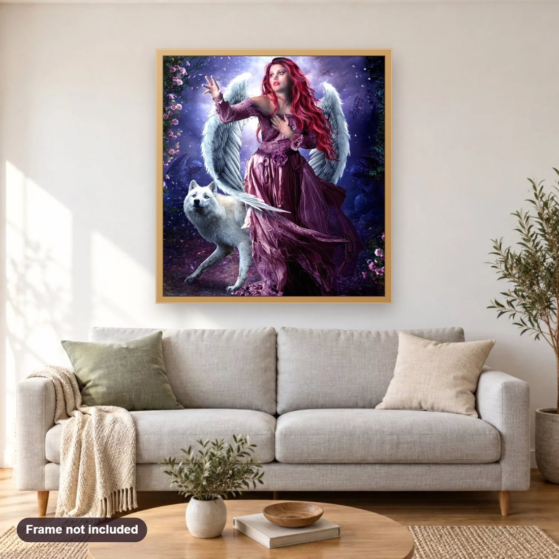 Wolf & Angel diamond painting shown framed on a living room wall above a sofa