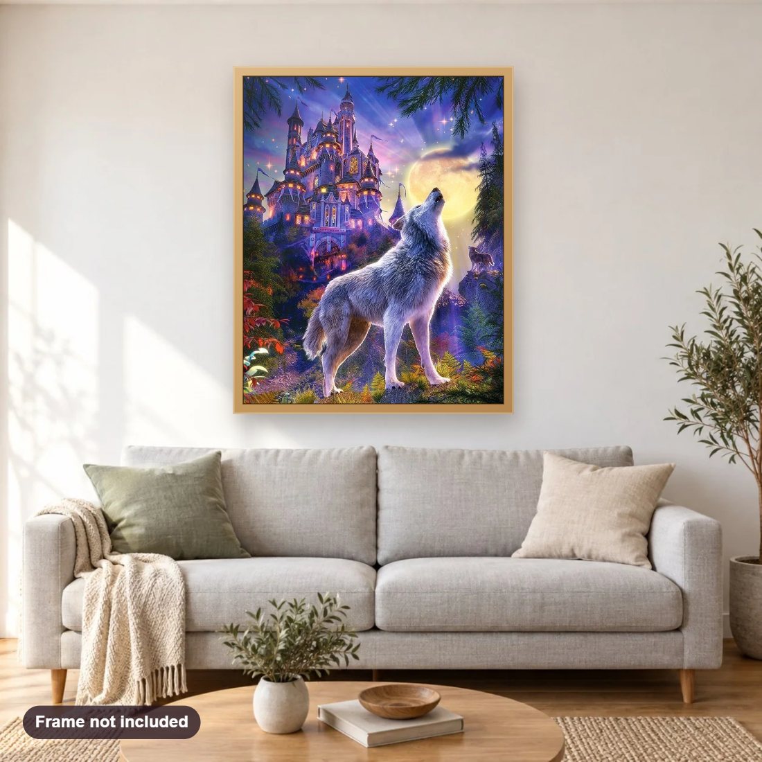 Wolf Castle diamond painting shown framed on a living room wall above a sofa